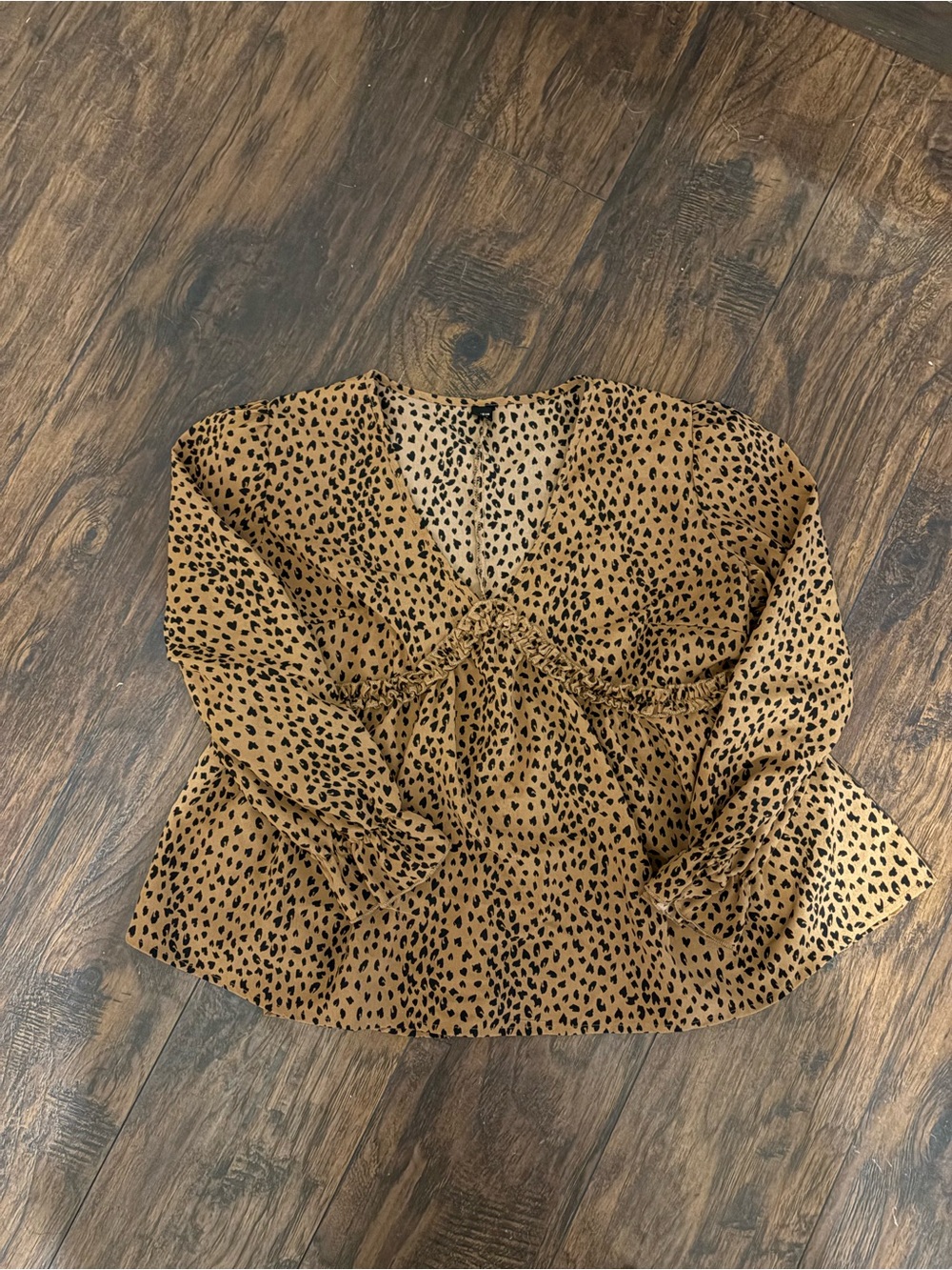 SHEIN Tan and Black Leopard Peplum V-Neck Blouse